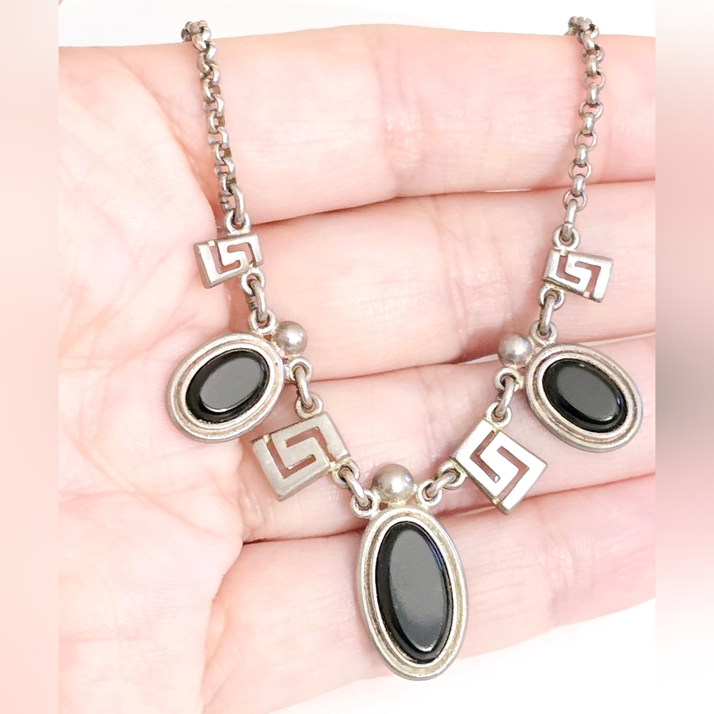 Vintage sterling Silver Onyx Egyptian revival Necklace Greek key